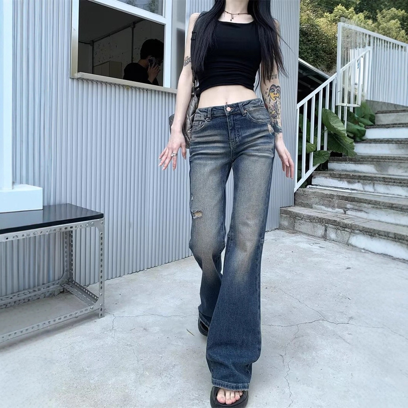 Low-Waist Distressed Ripped Horseshoe Jeans for Women Summer Retro Petite Slim Fit Micro-Flared Pants Low-Crotch Pants