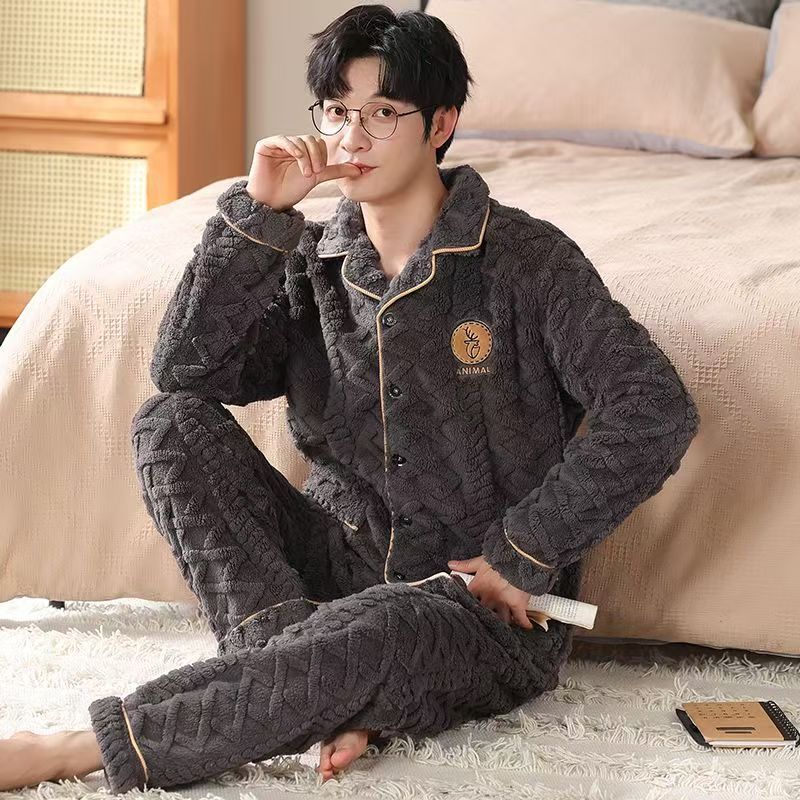 Pijamas de coral de lana de invierno para hombres con lana de invierno engrosado otoño invierno conjunto de ropa de franela 2025 nuevo