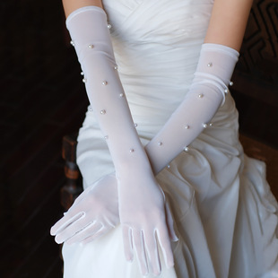 Wg176 Retro Simple White Spandex Soft Yarn Handmade Beaded Long Wedding Dress Banquet Gloves Wholesale