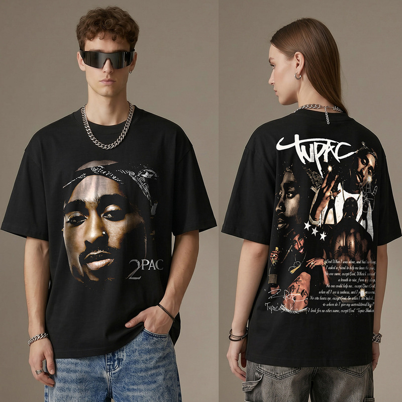 Cross-border American Retro Tupac Printed Short-sleeved T-shirt Vintage Loose Heavy-weight Crew Neck Hooded Sweater for Men and Women