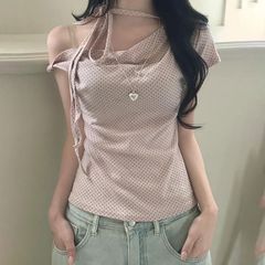 韩系纯欲少女波点系带斜肩短袖T恤女夏季修身显瘦辣妹露肩上衣潮