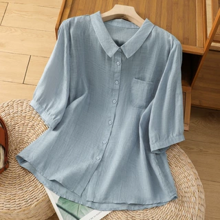 实拍图夏季简约纯色翻领口袋棉麻衬衫通勤百塔休闲文艺短袖T恤女