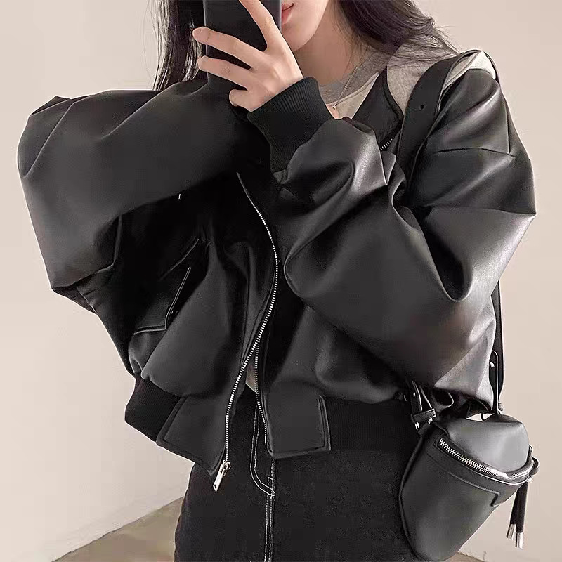 韩国东大门秋季新款假两件连帽皮衣外套女酷飒风高级感夹克机车服|undefined