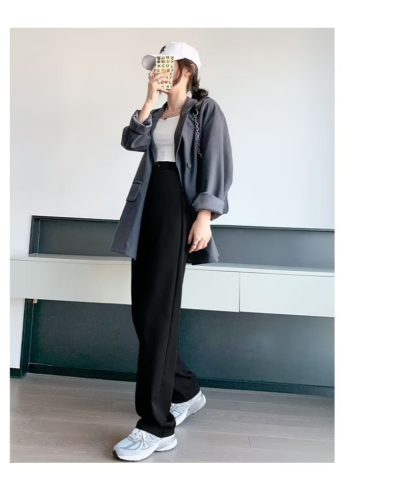 High waist suit pants for women summer high-grade draping black slimming casual mop straight wide-leg pants