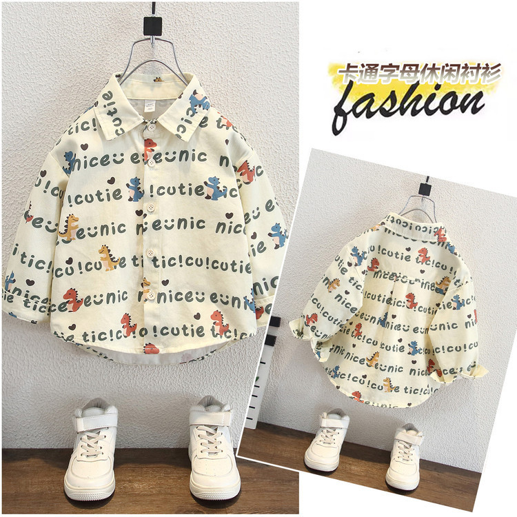 Boys' Autumn Full-Print Letter Dinosaur Shirt, Spring and Autumn Korean Style Children's Casual Shirt, Trendy Baby Top