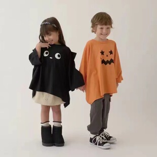 Children's Clothing Halloween Pumpkin Black Cat Long Sleeve T-Shirt Cape One