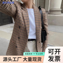 2025欧美跨境新款通勤长袖格子西装衣服修身上衣女常规外套