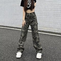 迷彩阔腿牛仔裤女2025年春秋季新款高腰直筒学生韩版军绿工装长裤