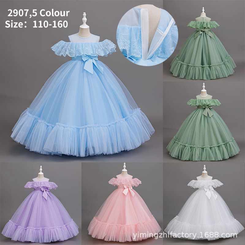 Cross-Border Girls' Dresses, Off-The-Shoulder Lace Splicing Craftsmanship, Long Mesh Children's Princess Dress, Wholesale in Stock, Flower Girl Dress