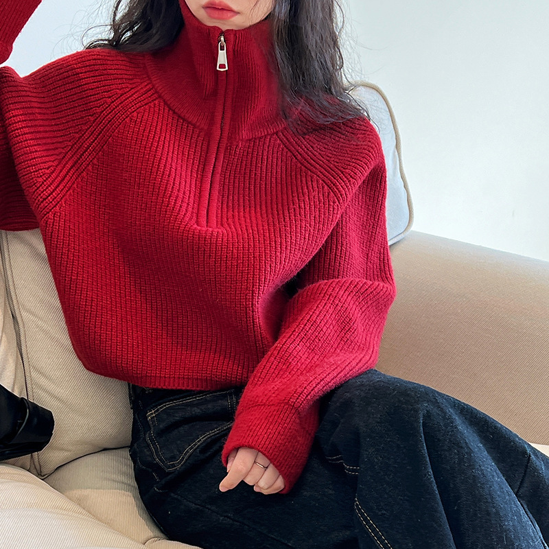 Korean-Style Cross-Border High-End Half-Zip Solid Color Stand-Up Collar Short Knit Sweater Top for Women, New Autumn and Winter Coat