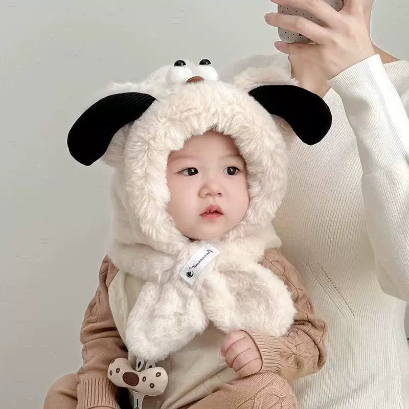 宝宝帽子围巾一体帽秋冬季儿童毛绒帽男童女童加绒加厚防风护耳帽