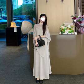 松弛感慵懒风气质休闲针织套装女夏不规则衫披肩吊带连衣裙两件套