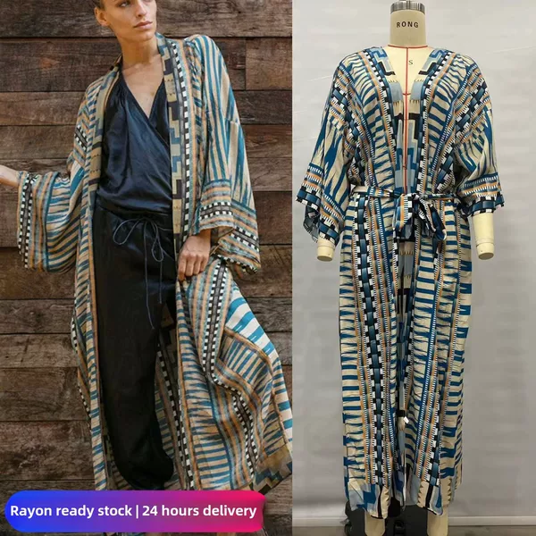 Cross-Border Striped Beach Sun Protection Cover-Up for Women, Bikini Outerwear, Long Cardigan, Summer High-End Style