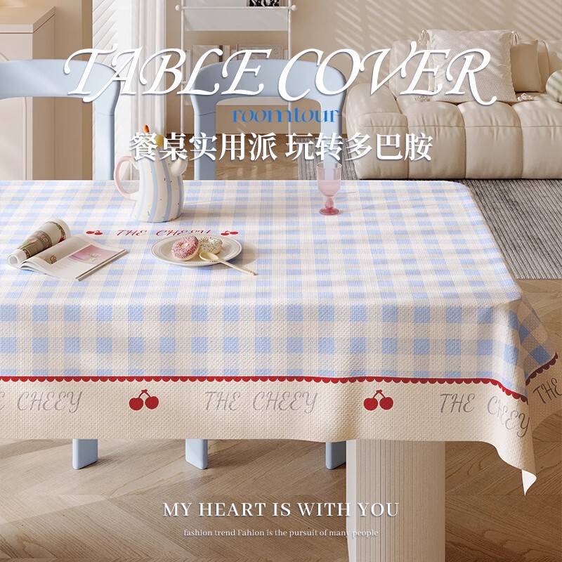 Korean Cherry Plaid Pvc Tablecloth Waterproof Morning Sweet Breakfast Table for Single Girl Ins Style Decorative Cover Cloth