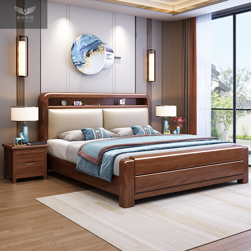 Dormitorio principal moderno y simple 1.8x2m cama doble queen 1.5m cama de matrimonio suave de seda dorada cama de madera maciza de nuez