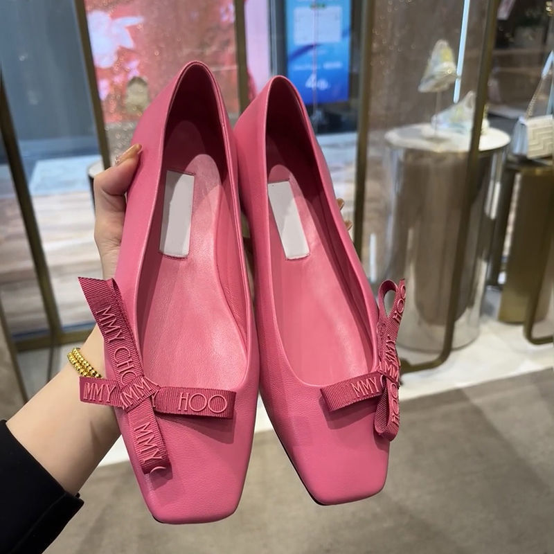 JC 新 2025 レターリボンガールピンクシングルシューズ女性のスクエアトゥニッチデザイン浅い口フラットバレエシューズ|undefined