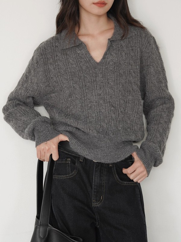 EIGHTHMONTH灰色polo领麻花毛衣女冬季宽松复古套头外穿针织上衣|undefined
