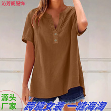 2025跨境亚马逊休闲衬衫宽松欧美外贸女装时尚棉麻百搭上衣女夏