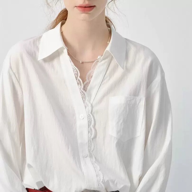 Vega White Shirt Women's Long-Sleeved 2025 Spring New Style European Style Lace Loose Top