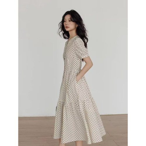 Summer v-neck polka-dot short-sleeved dress for women, slim, casual and loose long skirt