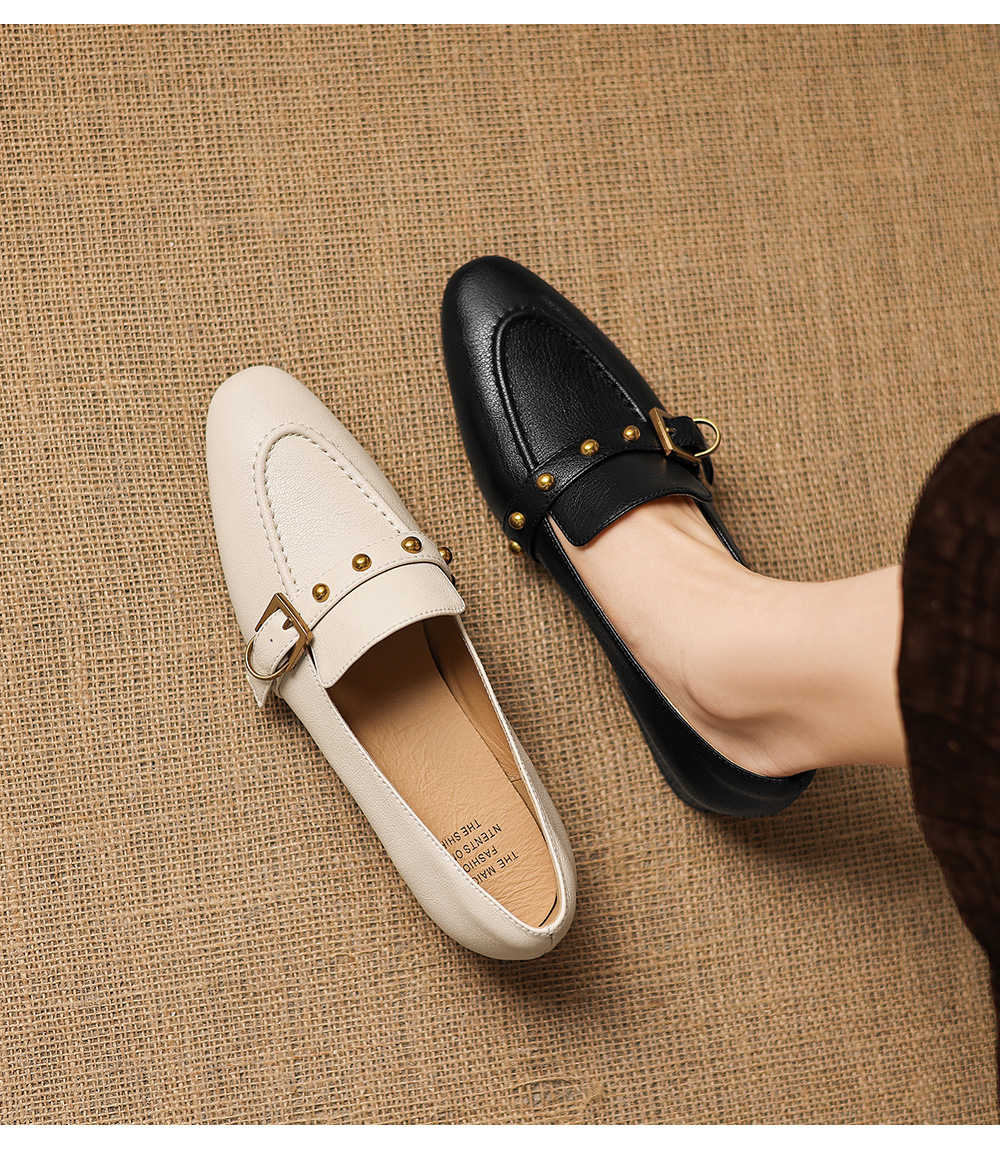 Giày da cừu loafer nữ mũi tròn gót thấp đinh tán — đen chi tiết 22