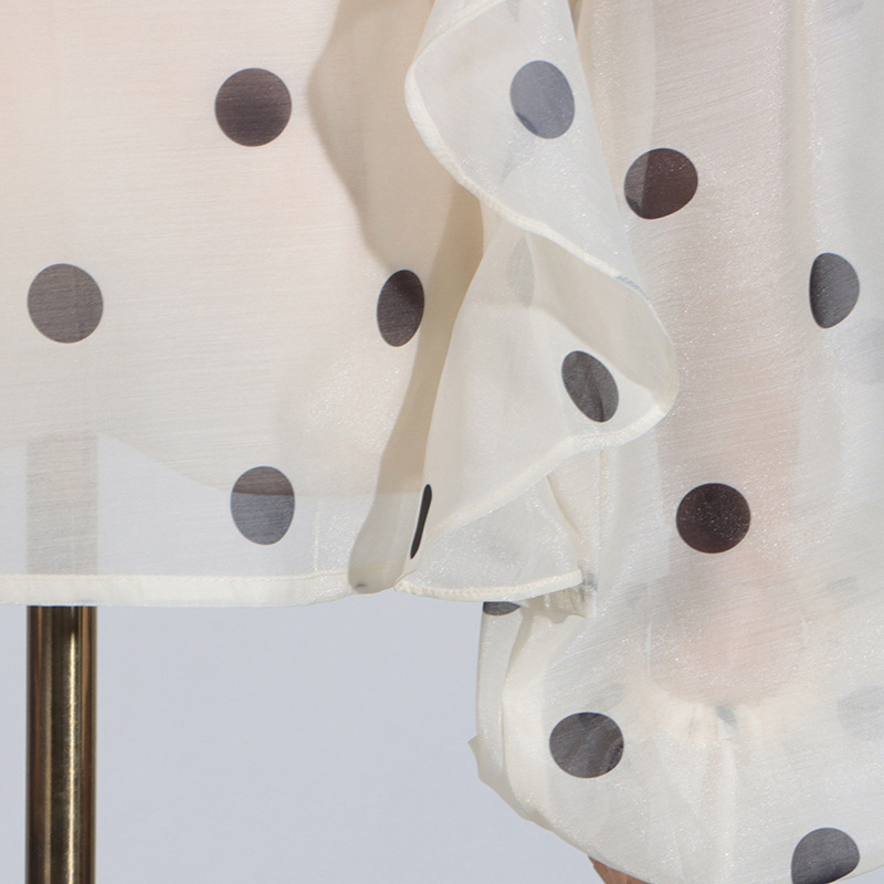 Australian Show Polka Dot Set Women Trendy Scarf Collar Ruffled Shirt Top Long Skirt Sets