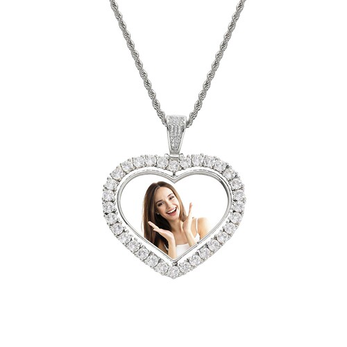 European and American Hip-Hop Heart Rotatable Photo Pendant Necklace for Men and Women, Personal Custom Made Frame Double-Sided Hip-Hop Necklace