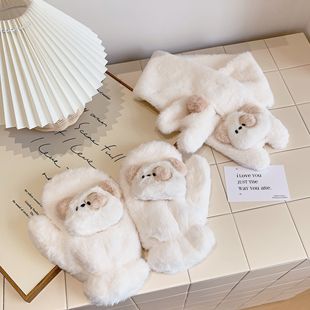 All-inclusive cold-proof cartoon plush scarf gloves for students, thickened halter gloves for cycling, windproof and thickened scarf