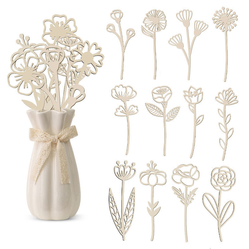 跨境新款18种木制野花装饰套装 DIY木花镂空标志家庭节日花瓶插件
