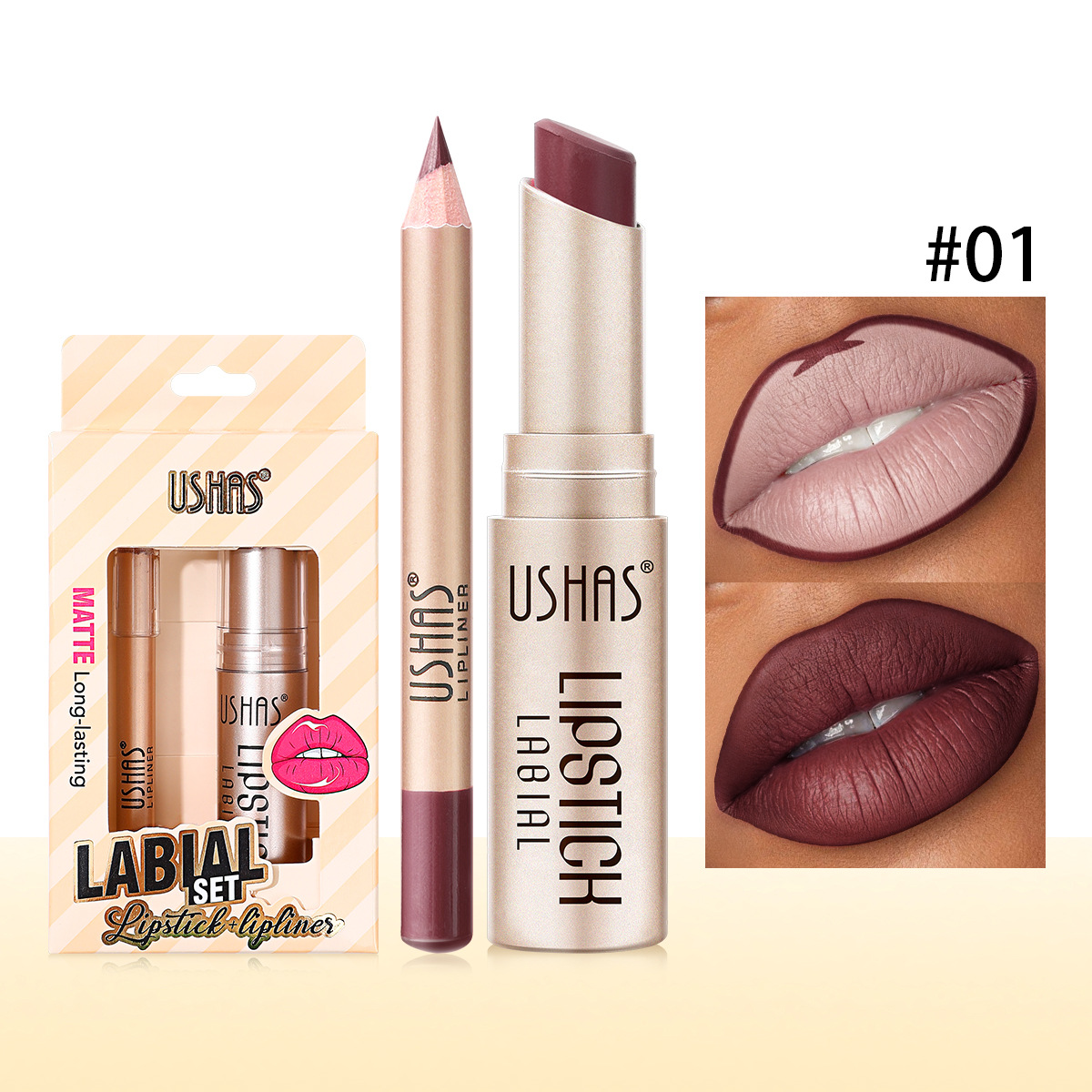 USHAS Europa y los Estados Unidos en stock transfronterizo lápiz labial + lápiz labial impermeable a prueba de agua permanente conjunto de lápiz labial US011