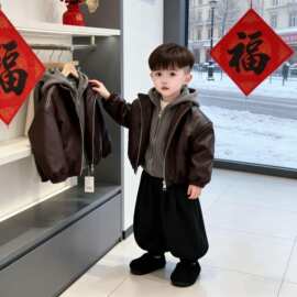 男童秋冬装加绒加厚皮衣外套2026新款儿童冬季保暖棉服男宝宝皮夹