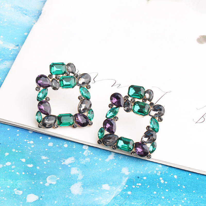 Square Pattern Bohemian Square Alloy Plating Glass Women's Ear Studs 1 Pair