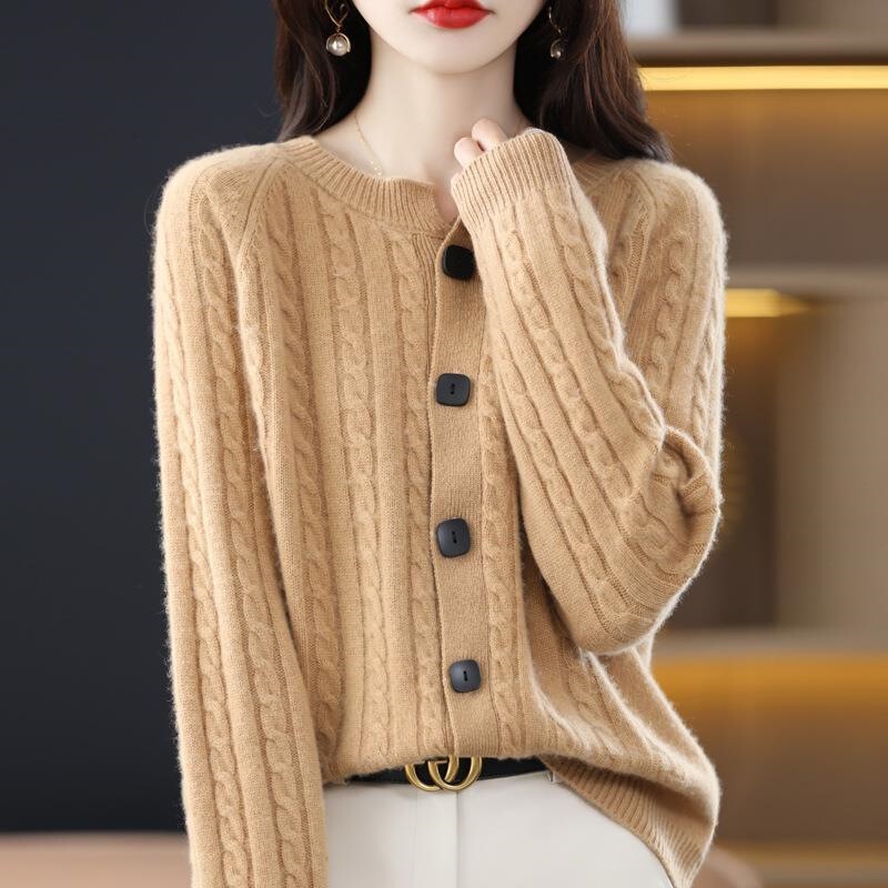 Heavy Cable Knit Women's Round Neck Short Thick Autumn and Winter Cardigan Stylish Buttoned Versatile Jacket