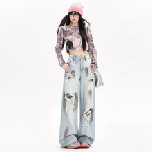 美式高街泼漆涂鸦辣妹风破洞牛仔裤女秋季做旧废土风拖地感阔腿裤