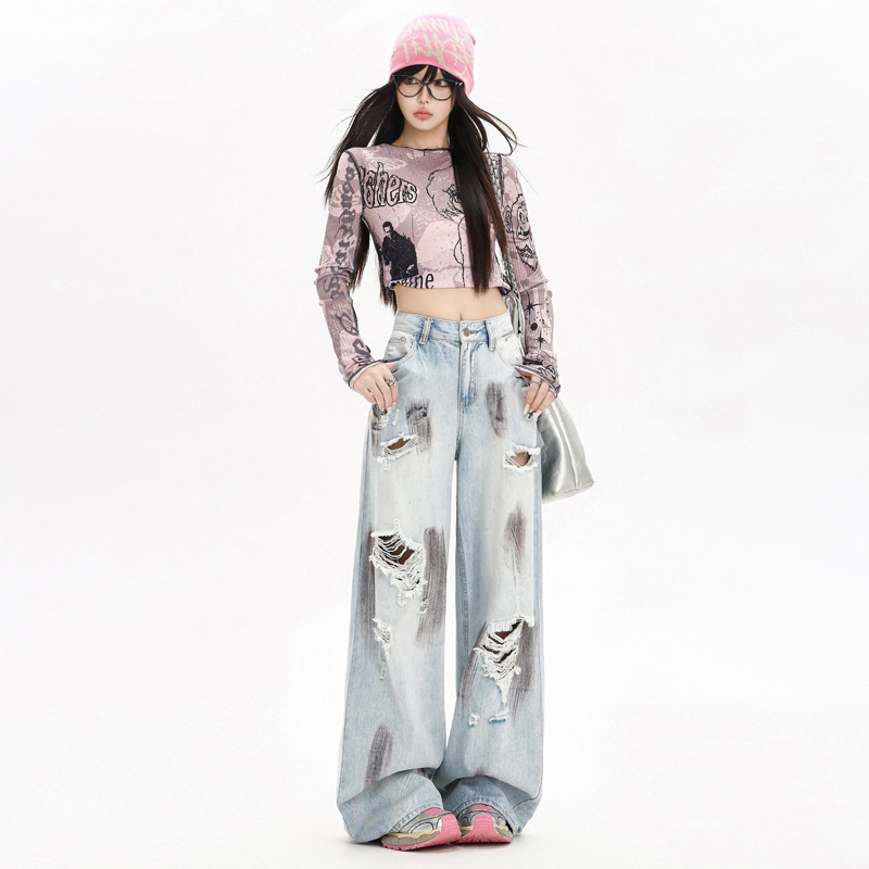 美式高街泼漆涂鸦辣妹风破洞牛仔裤女秋季做旧废土风拖地感阔腿裤
