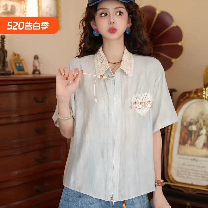 Short-Sleeved Shirt for Women 2026 New Summer Thin Style Top with Zipper Design