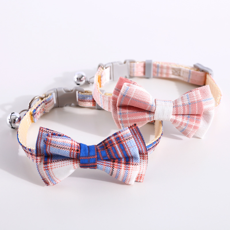 pet cat dog adjustable bell plaid striped British bow detachable nylon collarpicture1