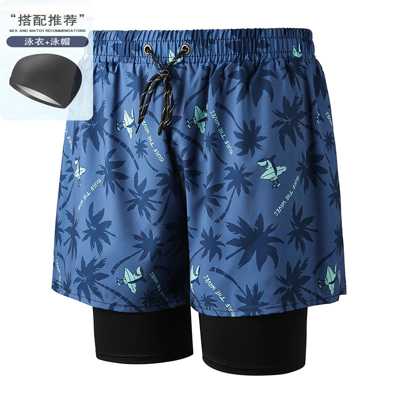 Blue Leaves 001-2 Men's Swimming Trunks with Swimming Cap