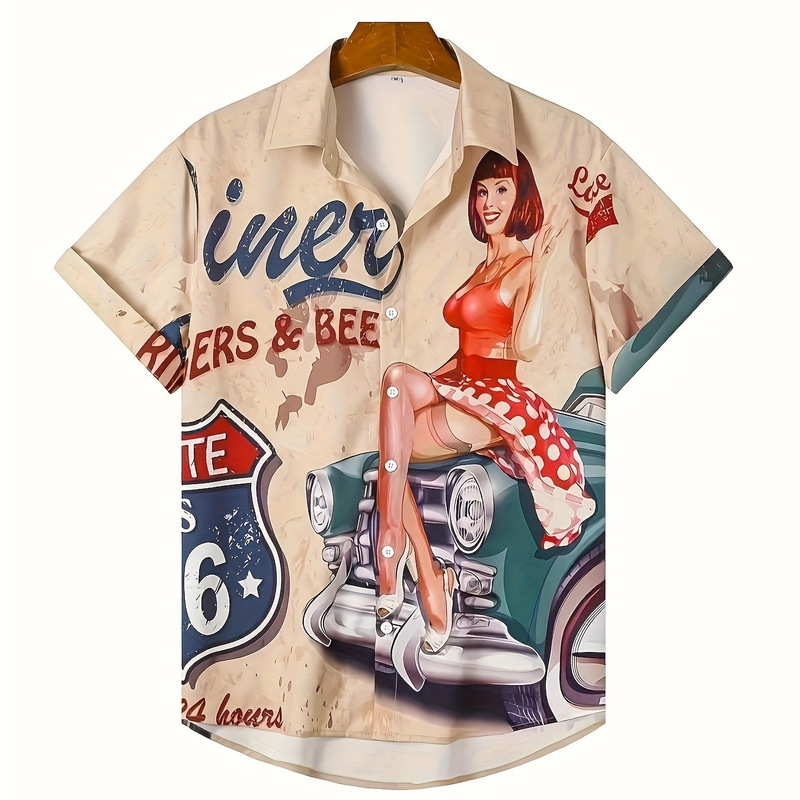 2025 Hot-Selling Foreign Trade Hawaiian Casual Motorcycle Print Men's Short-Sleeve Collared Shirt Cross-Border Amazon Breathable