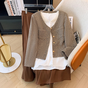 150kg Extra Large Size Women's Fat mm Small Fragrant Style Jacket Shirt Skirt Three-Piece Suit 2025 Spring & Fall New Style
