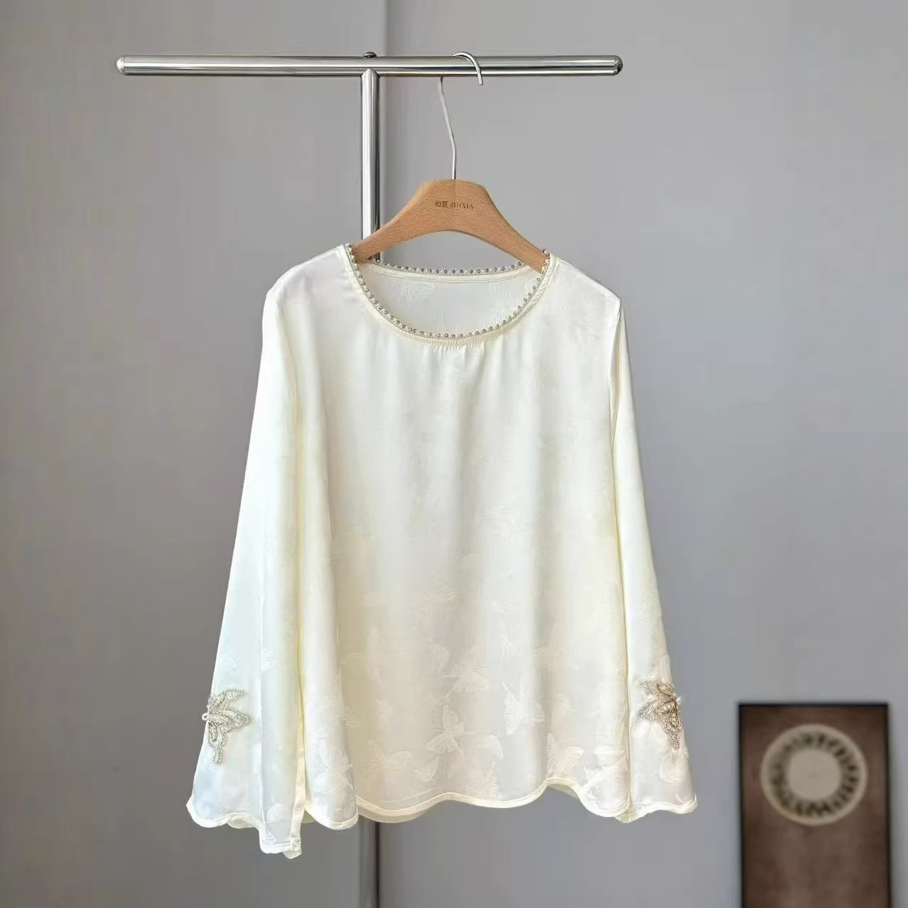 2026 New Style Shirt/Base Layer Top with Floating Gloss Jacquard Collar, Hand-Beaded Neckline, and Heavy Embroidered Beaded Cuffs