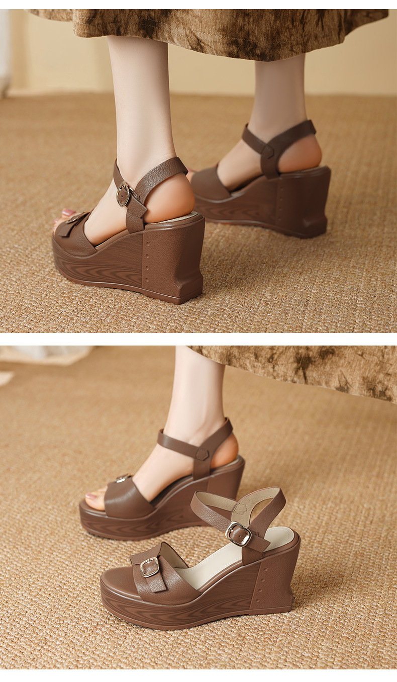 Sandal cao gót nữ mũi hở quai ngang đế xuồng da bò thật — màu nâu, màu đen chi tiết 5