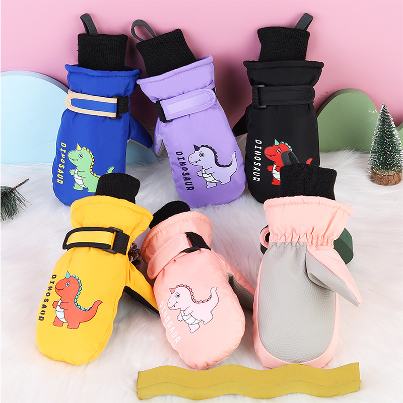 Invierno niños juegan nieve impermeable, calentamiento y espessado y dedos para esquiar dibujos animados dinosaurios guantes antideslizantes lindos