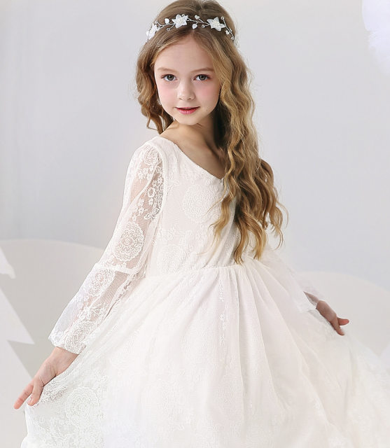 Comunione Vestiti Abito Bambina In Pizzo Bianco Elegante Con