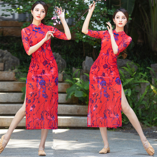 Classical dance cheongsam training suit for women, ethereal square dance modern dance performance dress, chiffon body training suit