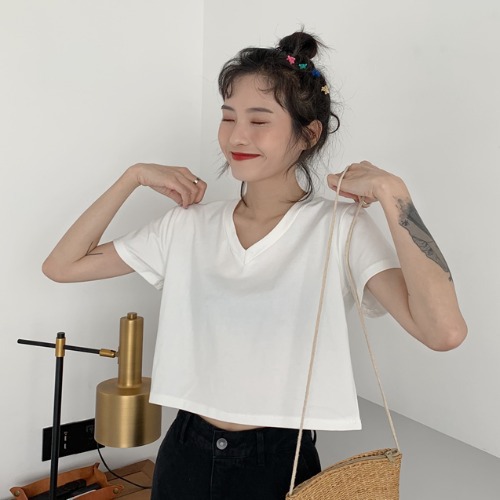 夏季短袖T恤女韩版学生慵懒风宽松纯色个性港味短款糖果色上衣女
