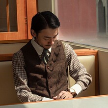 秋冬新款复古英伦冬季西装马甲男古着拼接西服坎肩背心羊毛潮大码