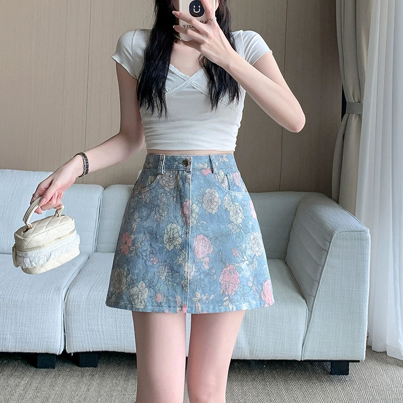 2025 трансграничная сексуальная джинсовая юбка с высокой талией и принтом, женская летняя новая модная тонкая и универсальная юбка трапециевидной формы