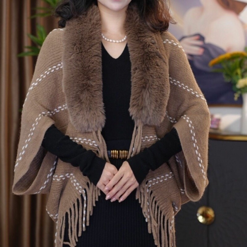 2024 Autumn and Winter New Wool Collar Tassel Knitted Shawl All-match Elegant Loose Slimming Cardigan Shoulder Warm Ponch
