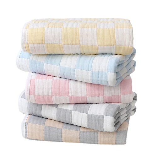 New 6-Layer Bamboo Fiber Children's Bath Towel Ultra Soft Simple Checkered Embroidered Baby Towel Kindergarten Baby Blanket